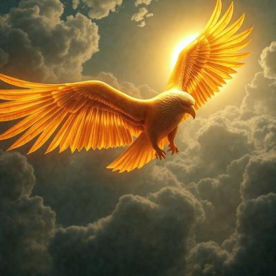 Primary subject: A large, colorful bird with a golden body and white wings, flying through a cloudy sky.

Setting/background: The bird is flying in a cloudy sky, with the sun shining through the clouds, creating a warm and inviting atmosphere.

Visual style: The image is a digital art piece, featuring a vibrant and detailed bird in a dynamic environment.

Colors and mood: The bird's golden body and white wings create a sense of warmth and brightness,